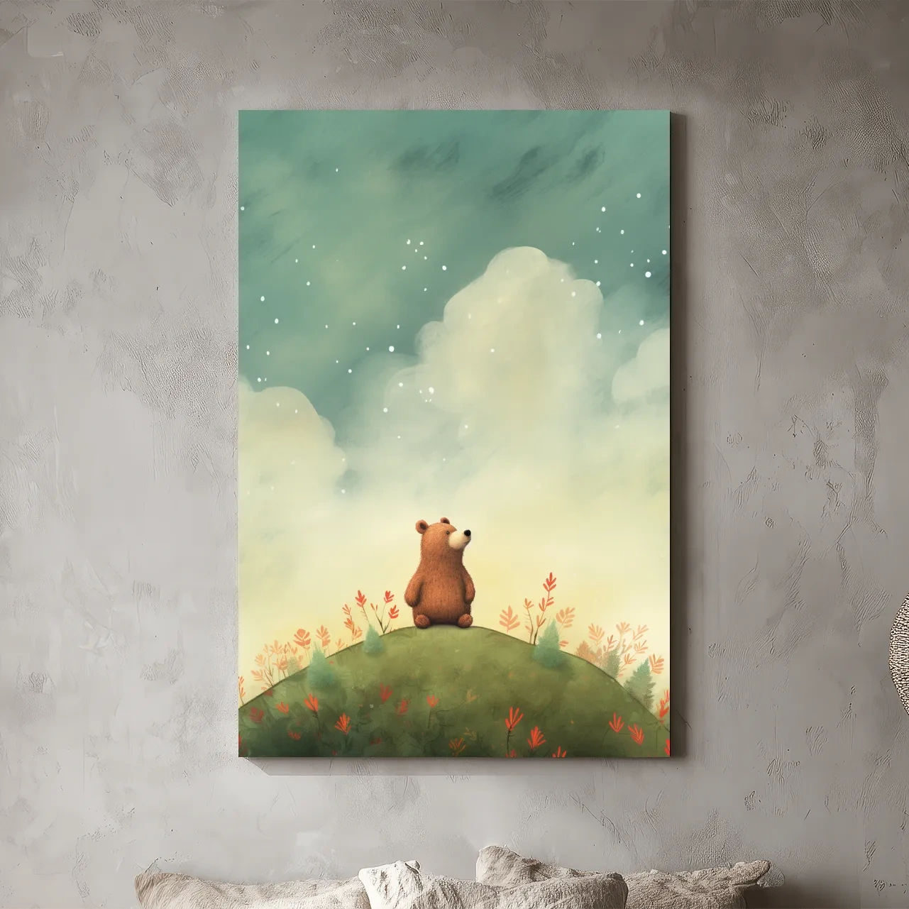 Whimsical Bear Cub Under Starry Sky - Nursery Watercolor Illustration Wall Art