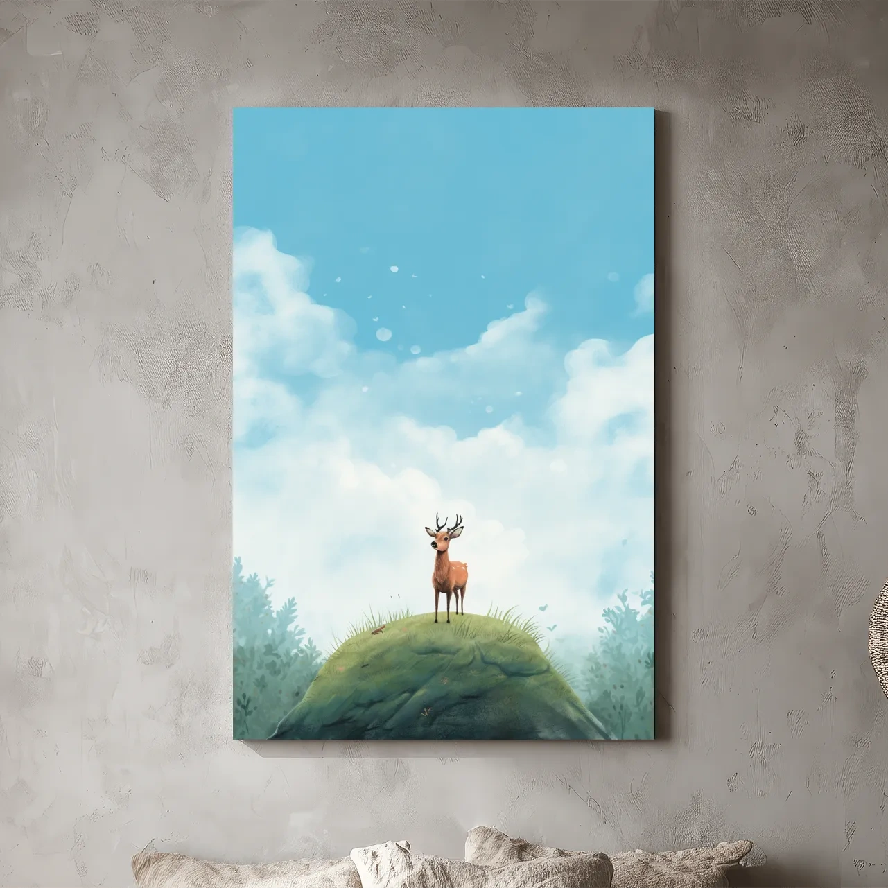 Whimsical Watercolor Deer on Grassy Hill - Serene Woodland Nursery Wall Art