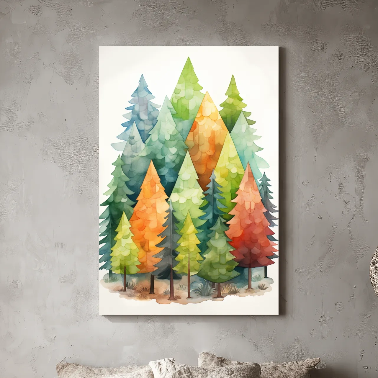 Whimsical Watercolor Pine Forest Illustration - Colorful Scandinavian Nature Wall Art