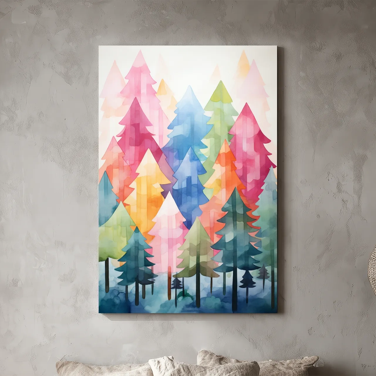 Colorful Watercolor Pine Forest Illustration - Whimsical Scandinavian Boho Wall Art