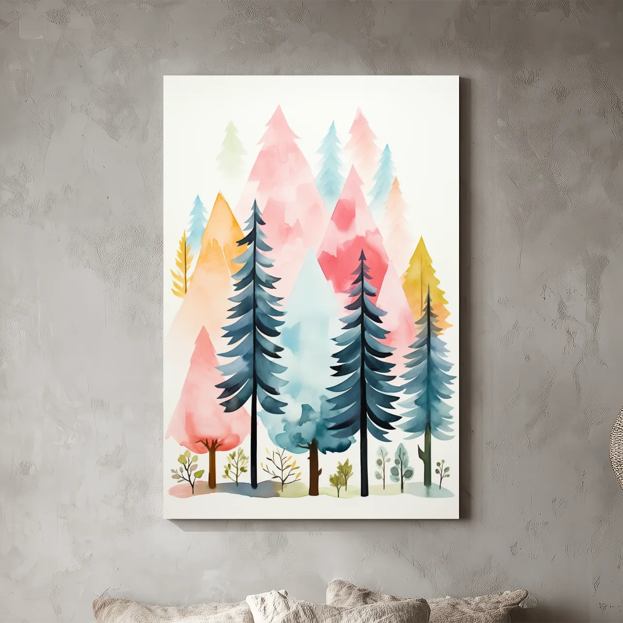 Pastel Watercolor Pine Forest - Colorful Scandinavian Nature Wall Art