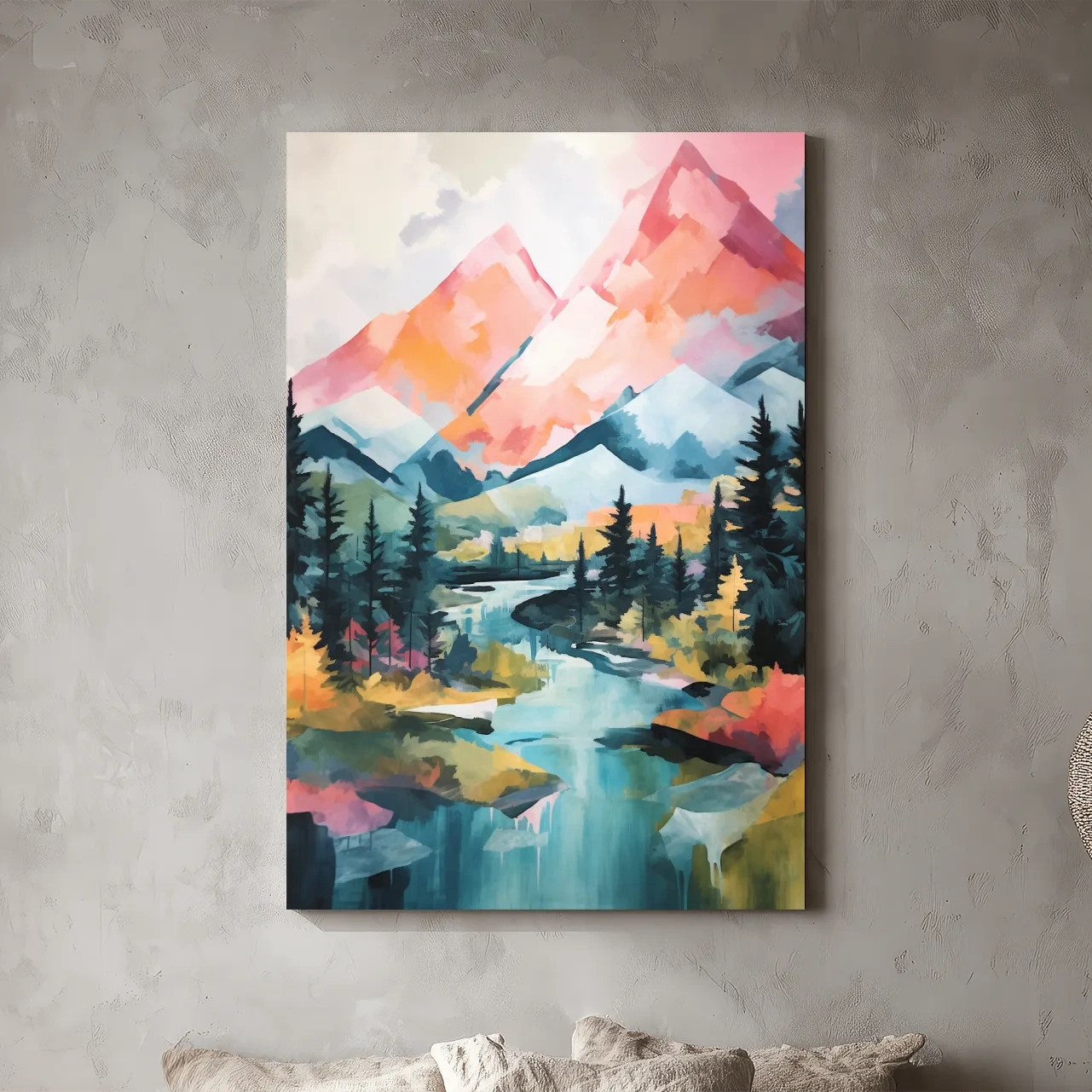 Vibrant Mountain River Landscape Painting - Colorful Alpine Forest Wall Art