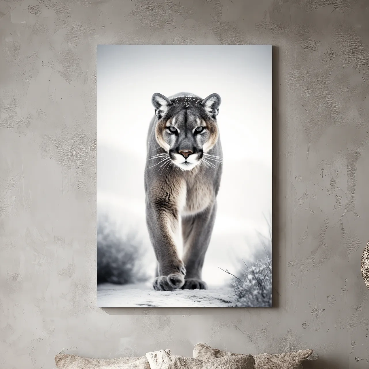 Snowy Cougar Close Up Wildlife Portrait - Winter Nature Wall Art