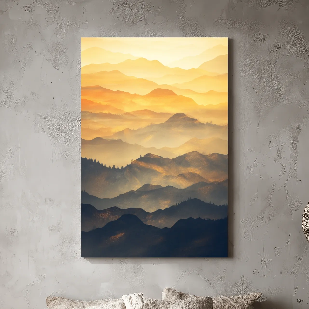 Golden Misty Mountain Ranges Landscape - Serene Layered Sunrise Artwork