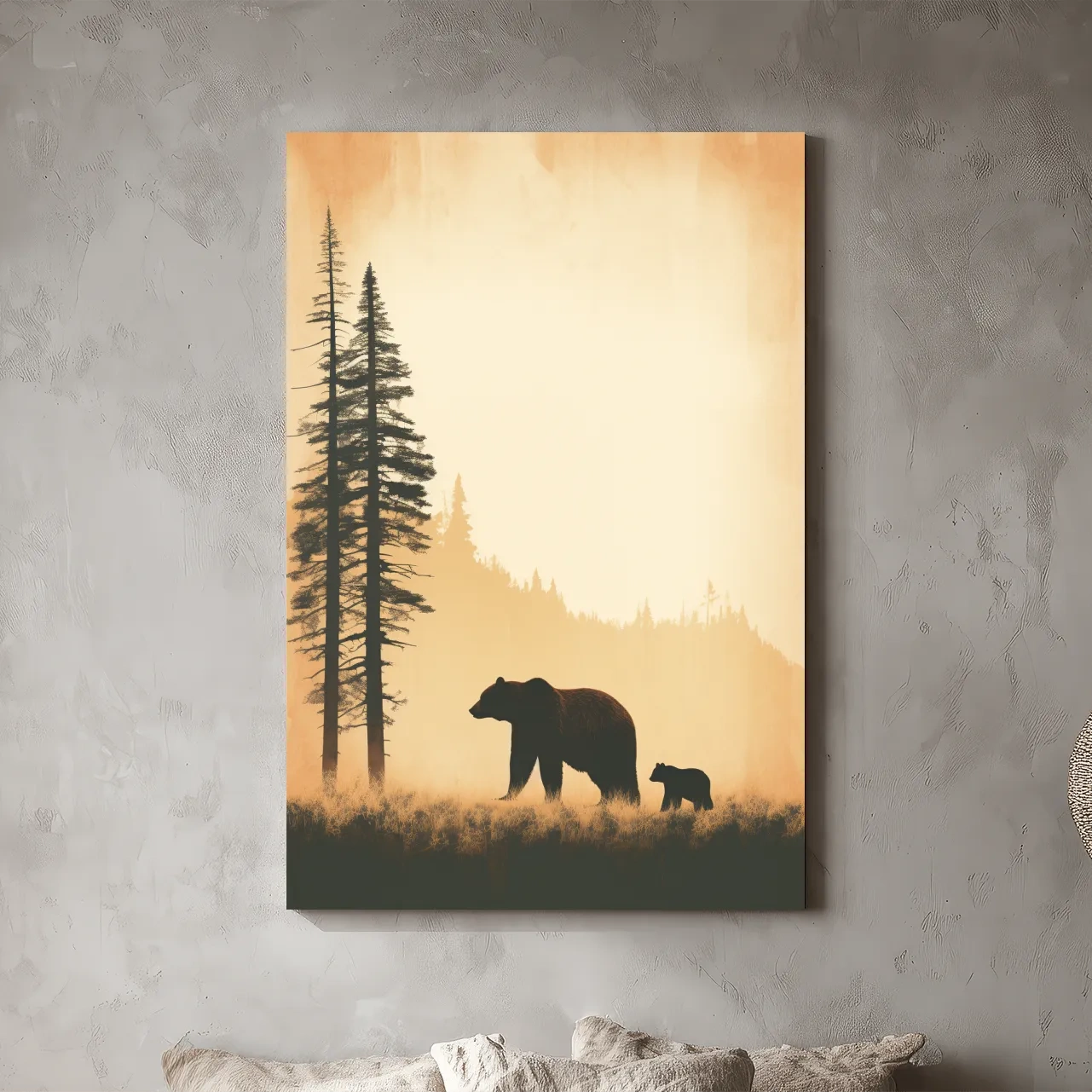 Grizzly Bear And Cub Silhouettes - Misty Forest Minimalist Wall Art