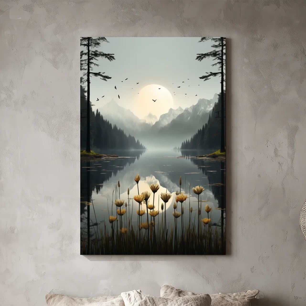 Misty Alpine Lake Sunrise With Wildflowers - Serene Mountain Landscape Wall Art
