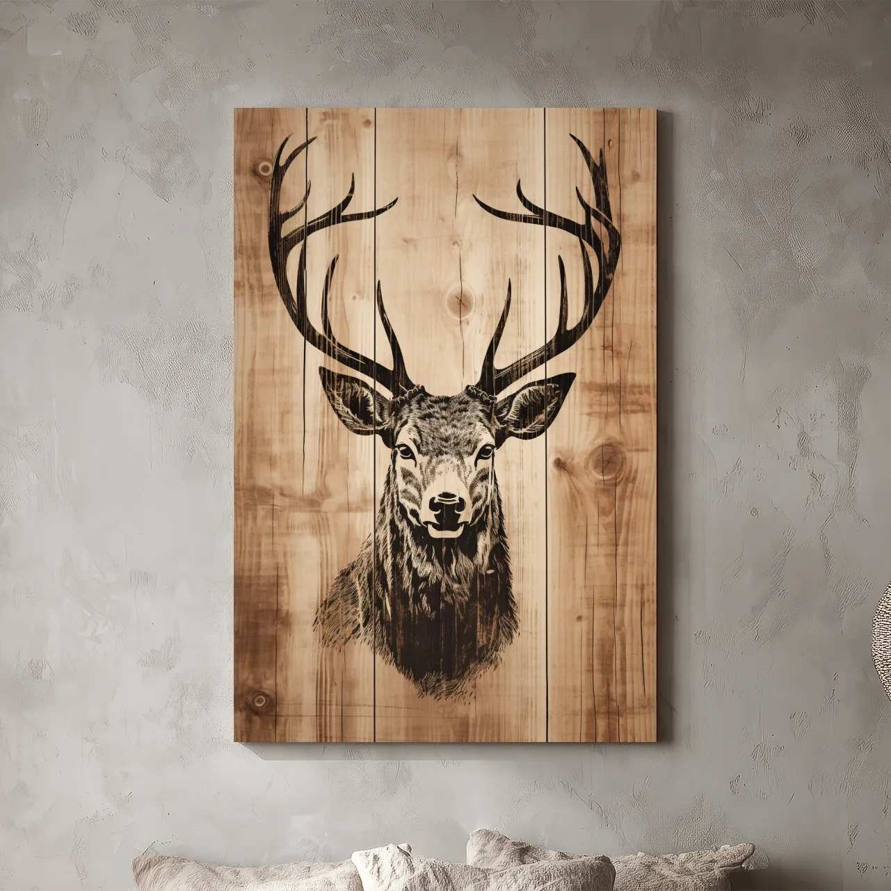 Rustic Deer Head Woodburn Style Portrait - Lodge Cabin Wildlife Wall Art