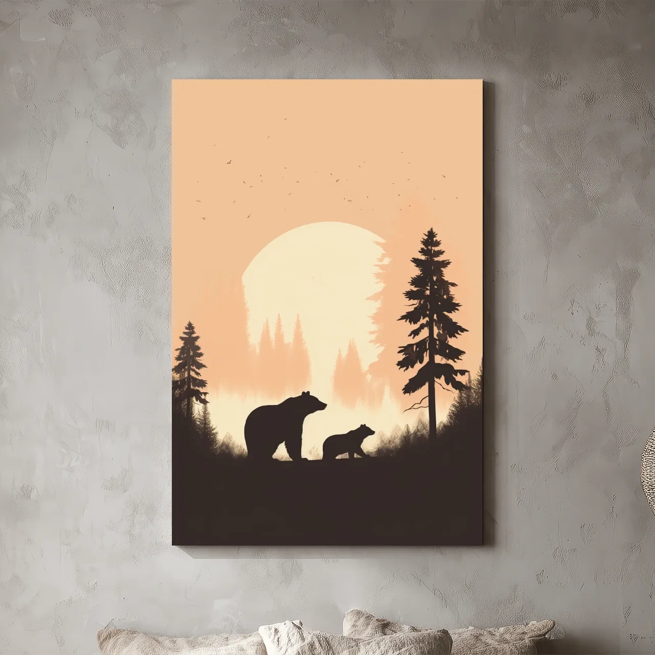 Momma Bear & Cub Silhouettes At Sunset - Minimalist Forest Wildlife Wall Art