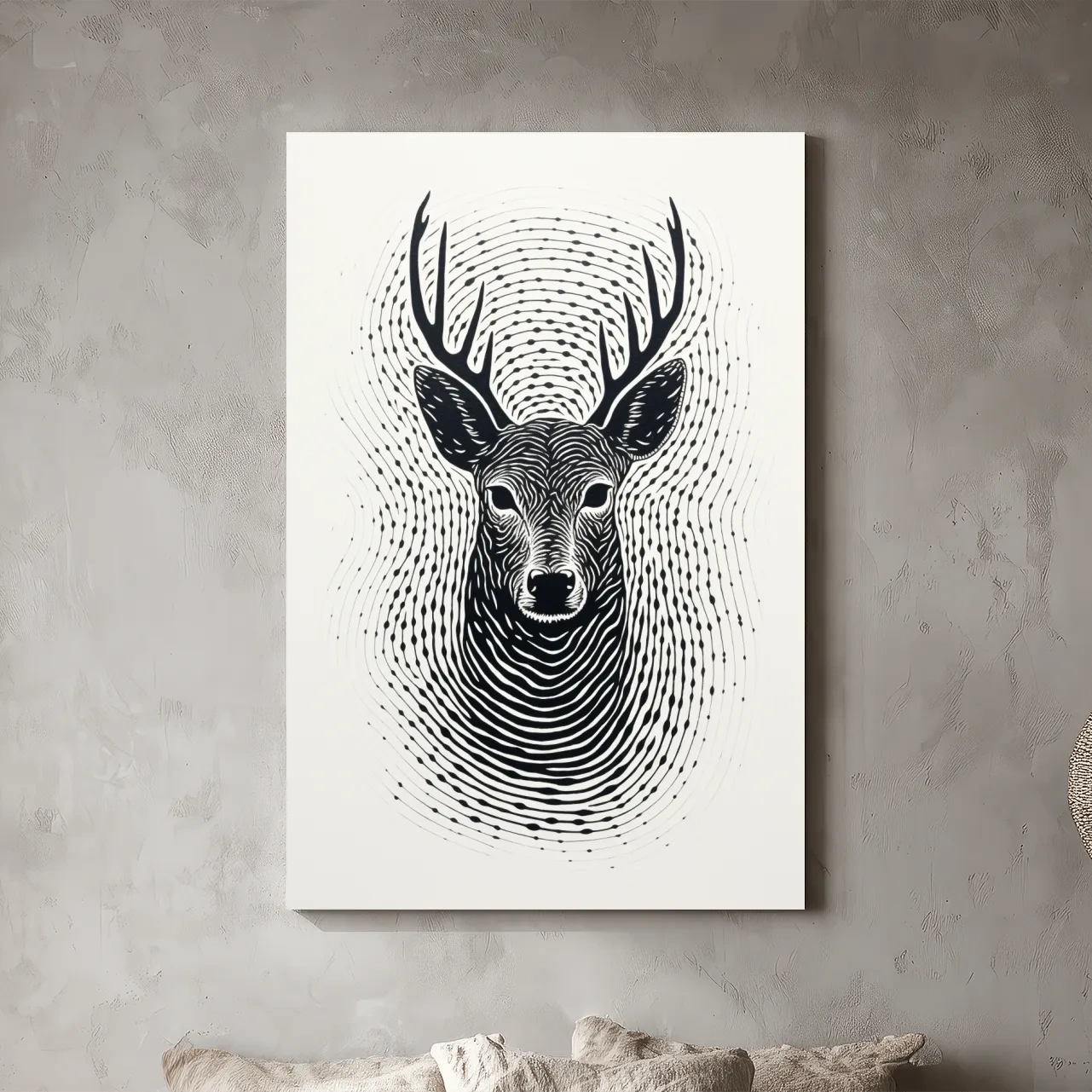 Psychedelic Deer Head Fingerprint Line Art - Black And White Wildlife Wall Art