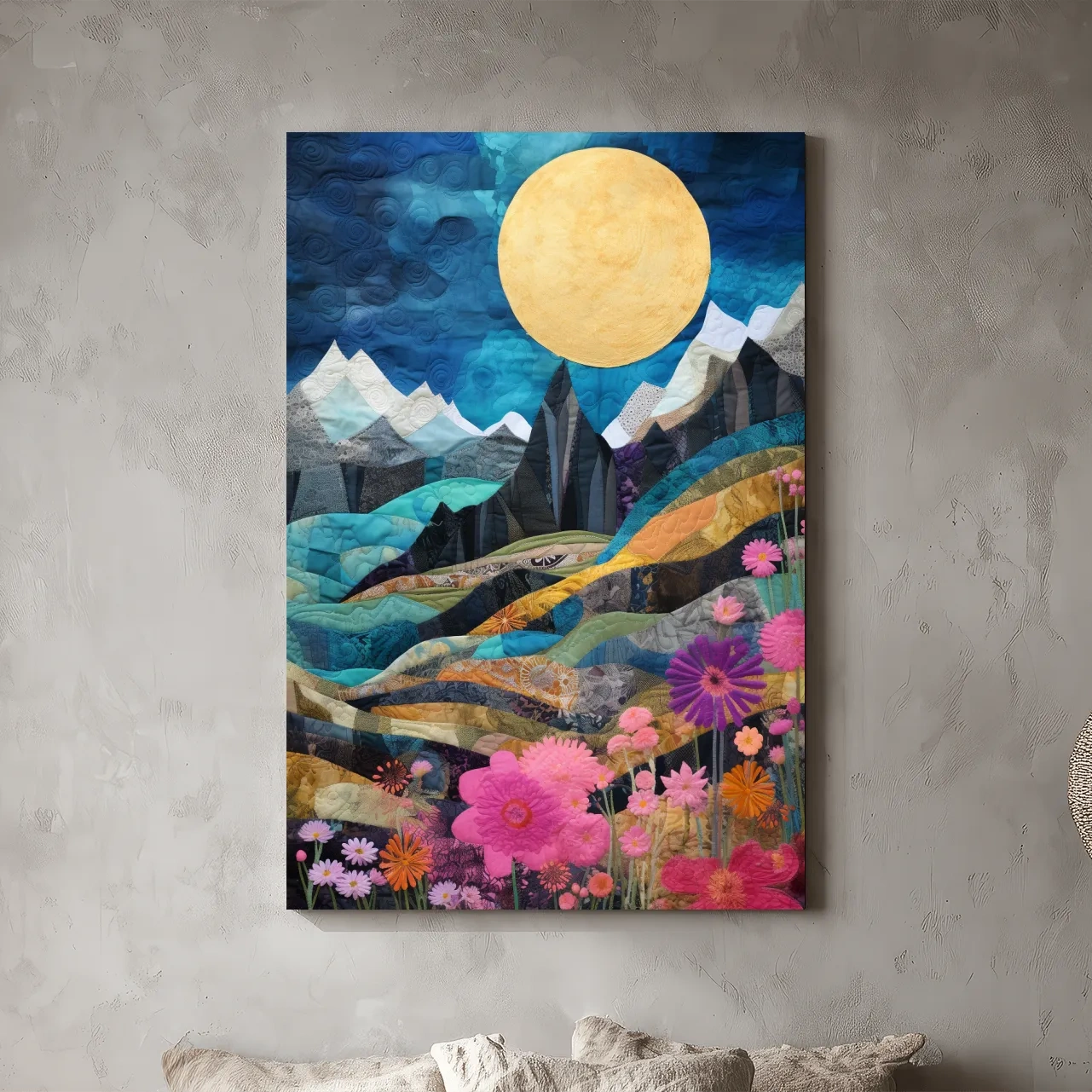 Quilted Wildflower Mountain Landscape - Colorful Patchwork Textile Style Wall Art