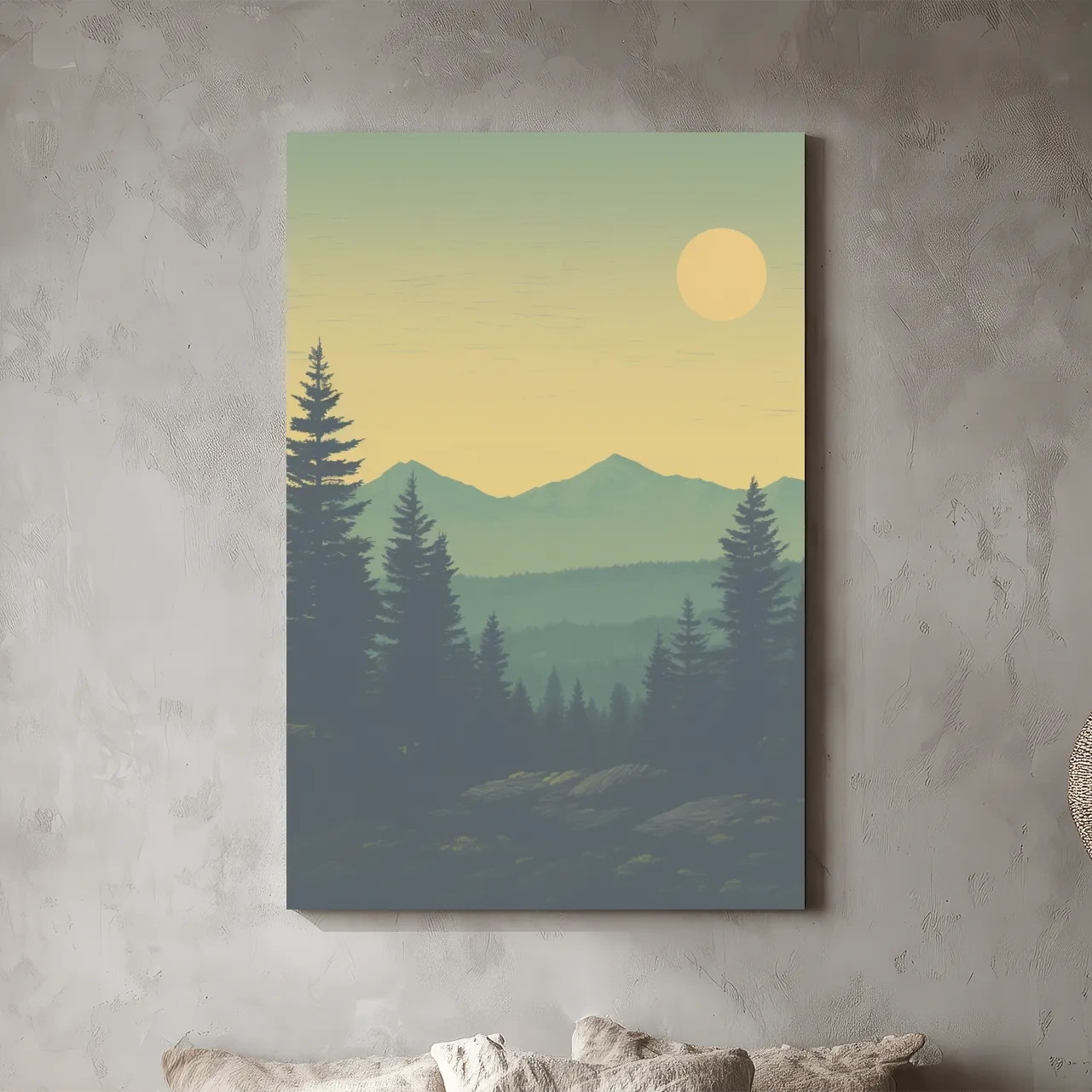 Minimalist Hazy Mountain Sunrise Landscape - Serene Alpine Forest Wall Art