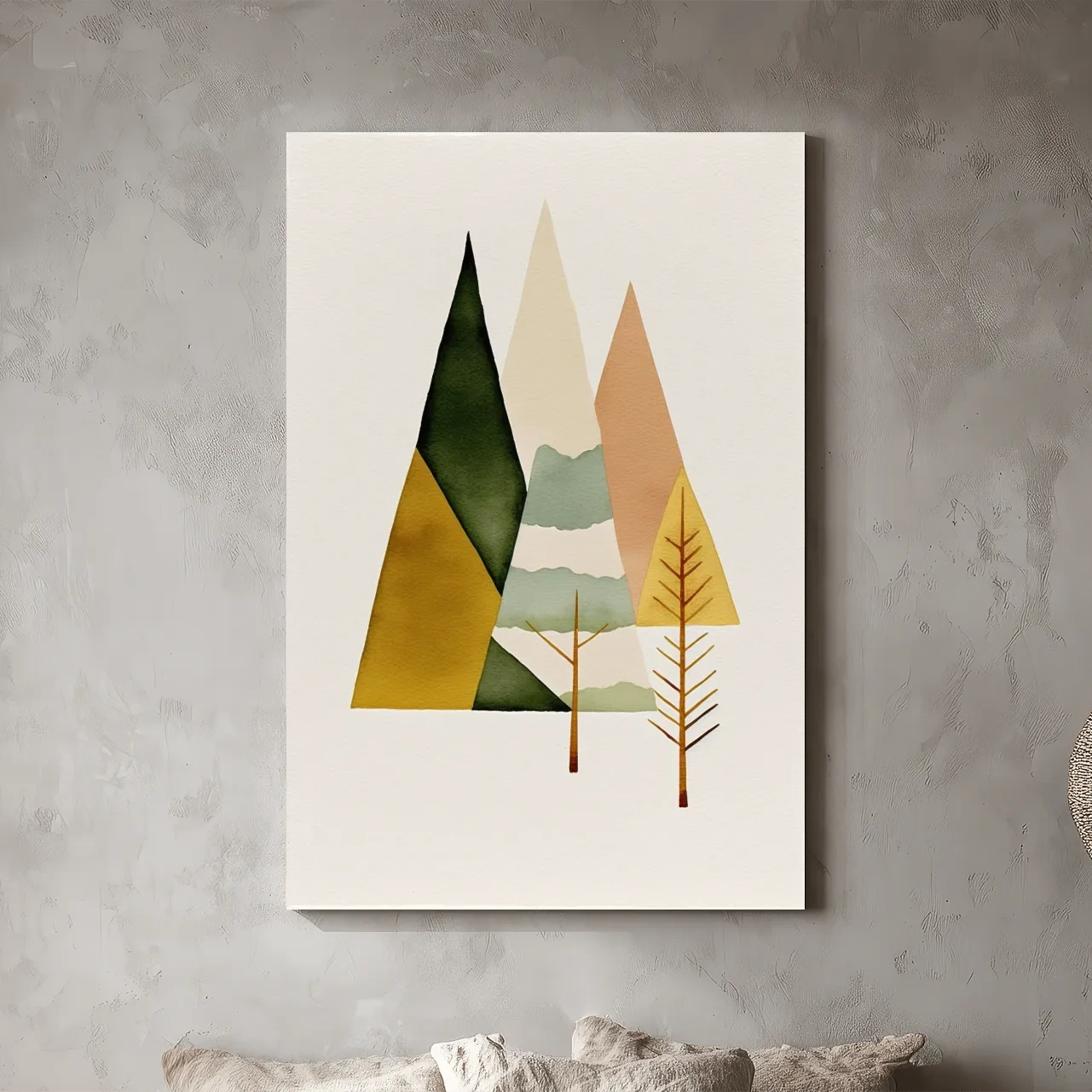Minimalist Scandinavian Geometric Mountains - Modern Watercolor Forest Landscape Wall Art