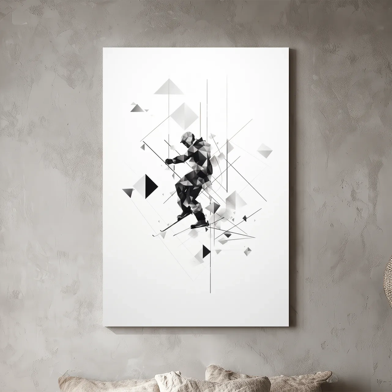 Monochrome Geometric Skier Silhouette - Abstract Winter Sports Wall Art