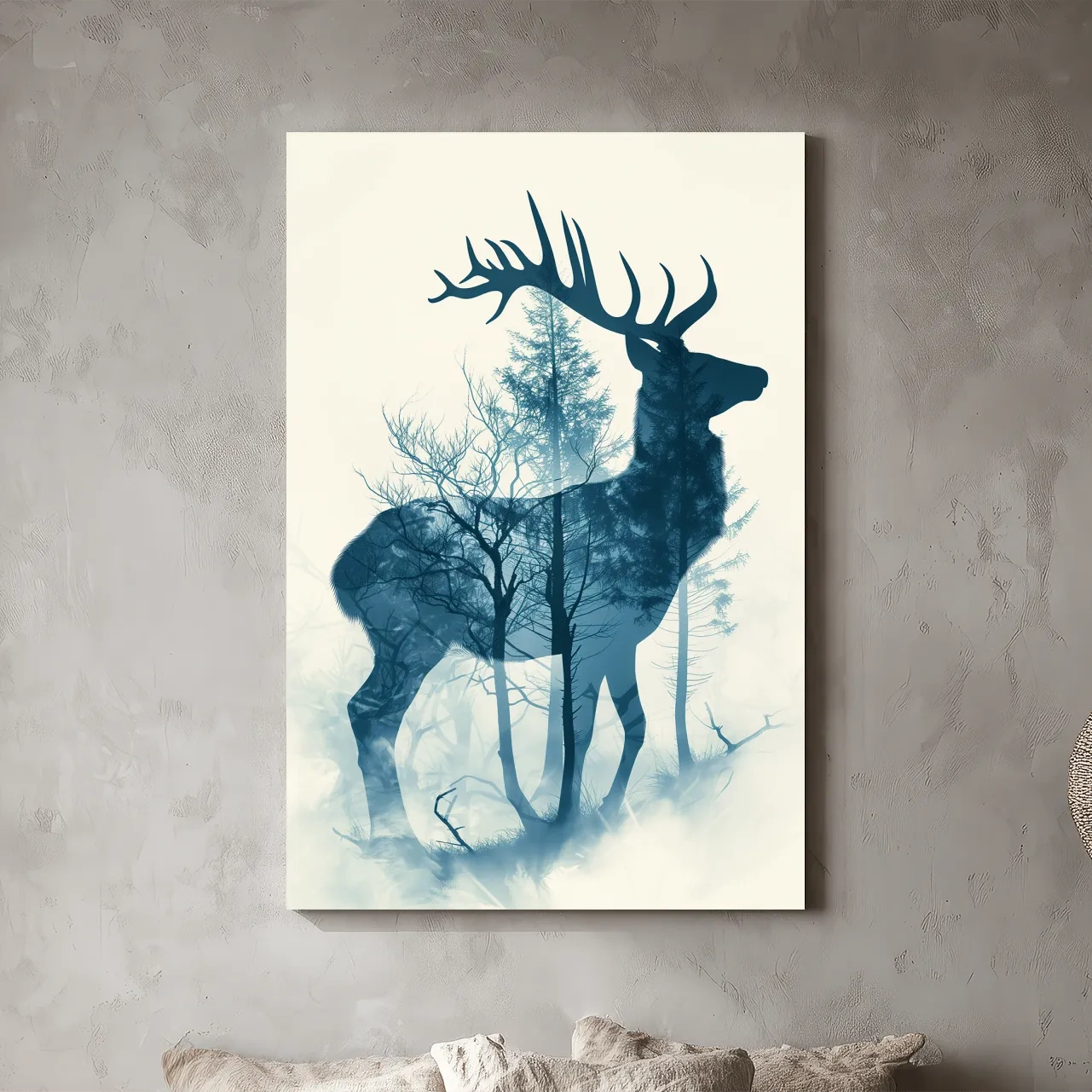 Moody Double Exposure Stag Silhouette - Misty Forest Wildlife Wall Art