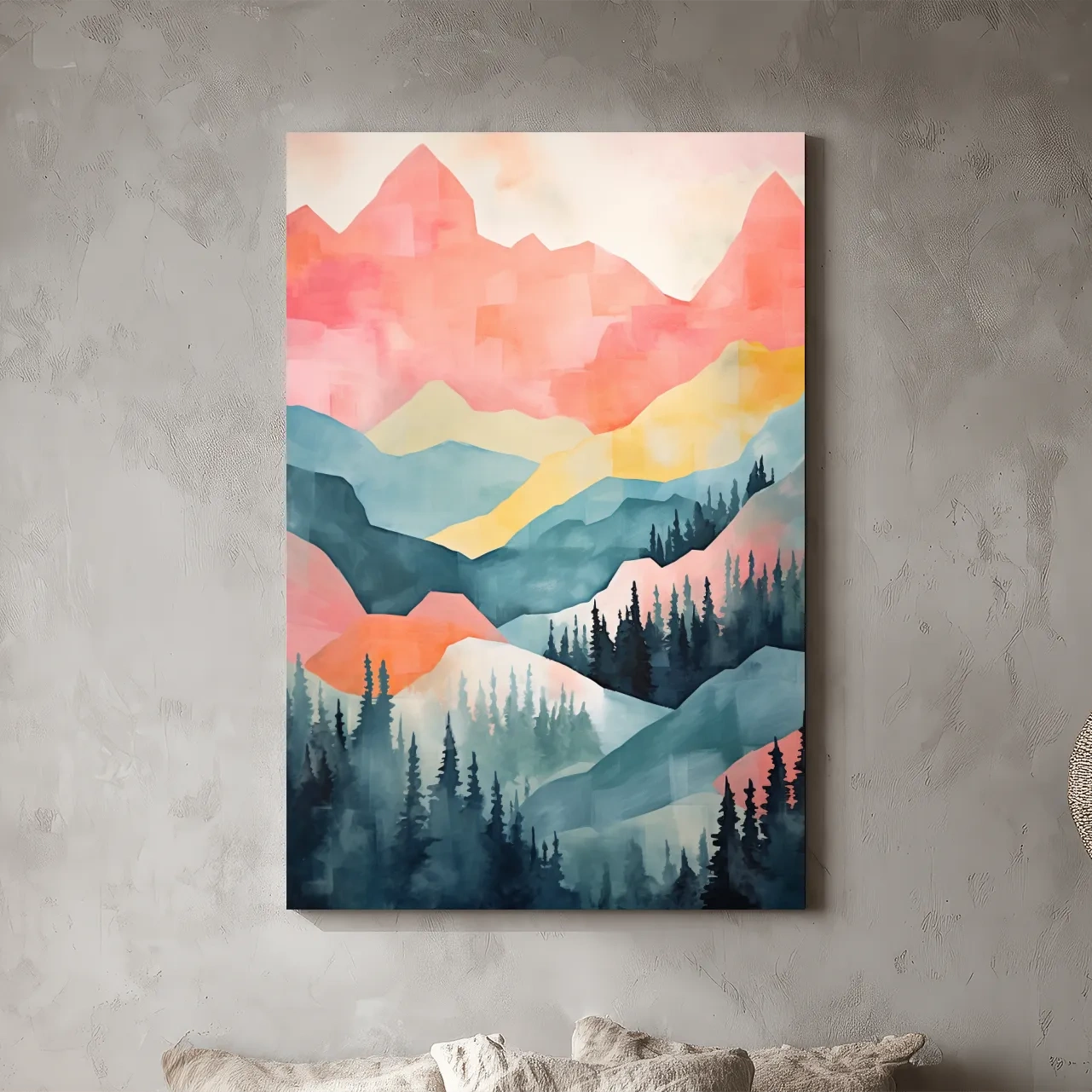 Abstract Watercolor Mountain Sunrise Landscape - Pastel Alpine Forest Wall Art