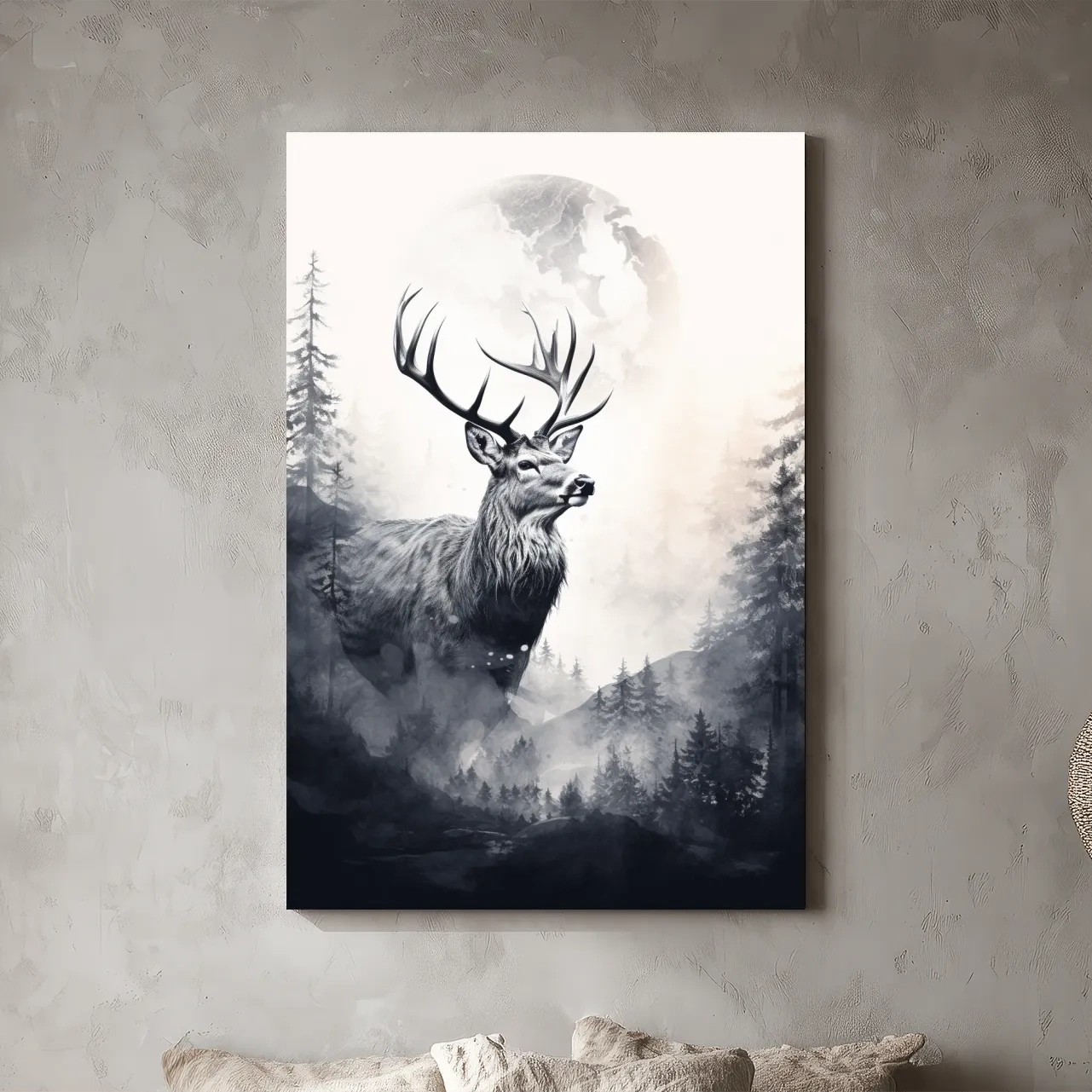 Majestic Stag In Misty Moonlit Forest - Double Exposure Wildlife Wall Art