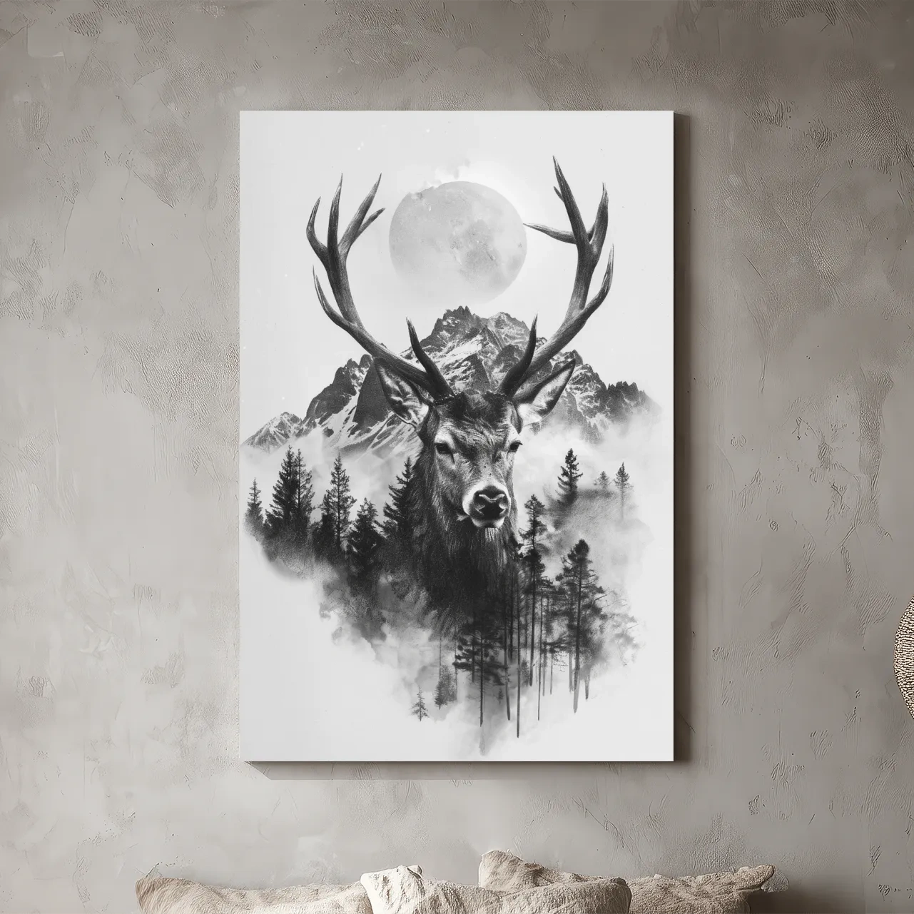 Monochrome Stag Glacier Moon Drawing - Double Exposure Wildlife Wall Art