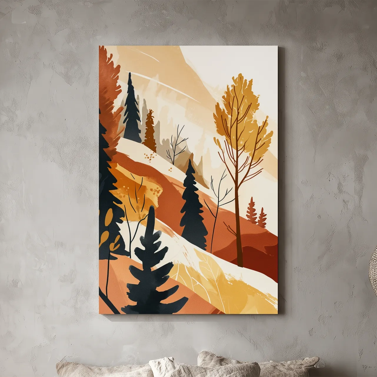 Minimalist Autumn Mountain Forest Landscape - Warm Scandinavian Wall Art