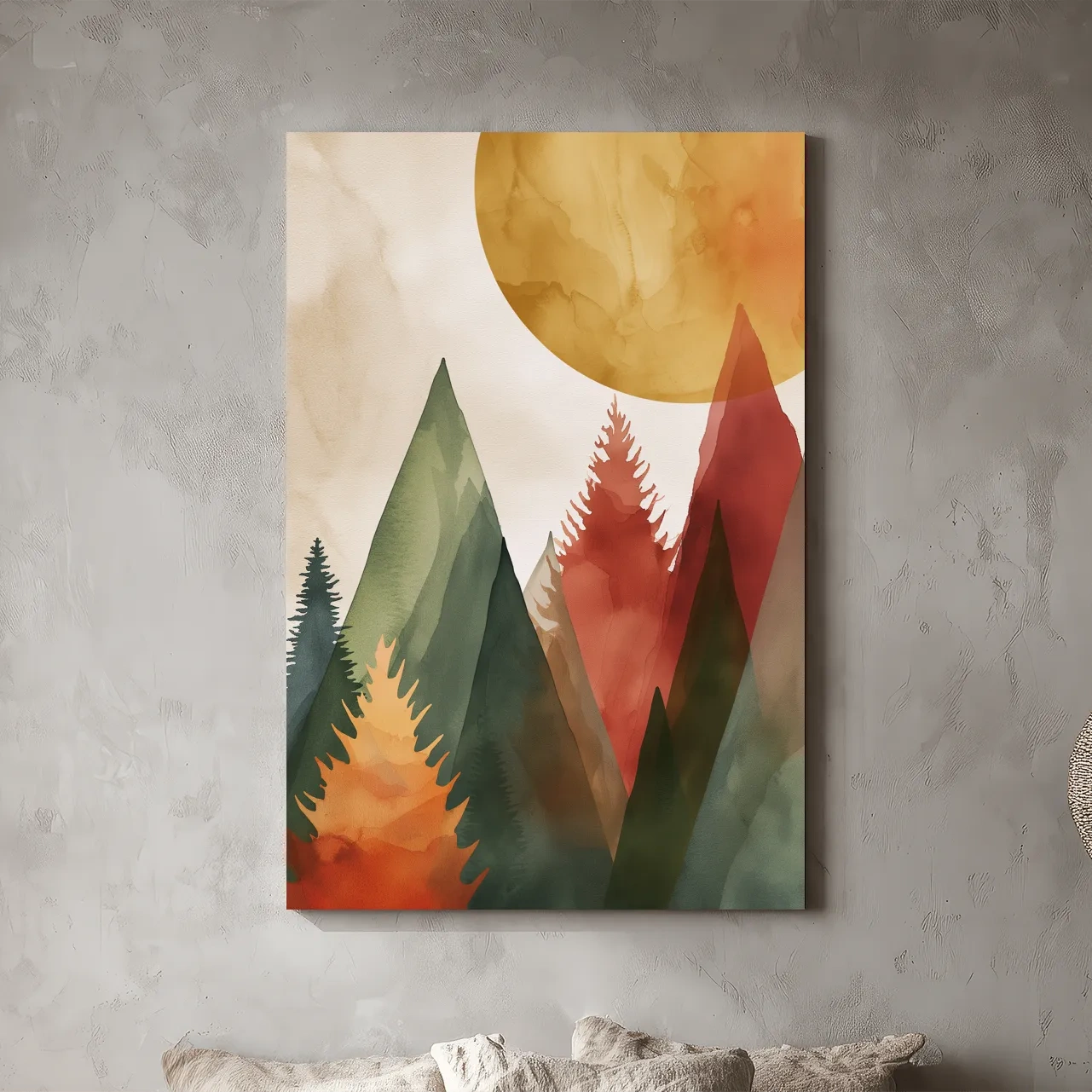 Rustic Watercolor Mountain Forest Sunrise - Modern Minimalist Wall Art