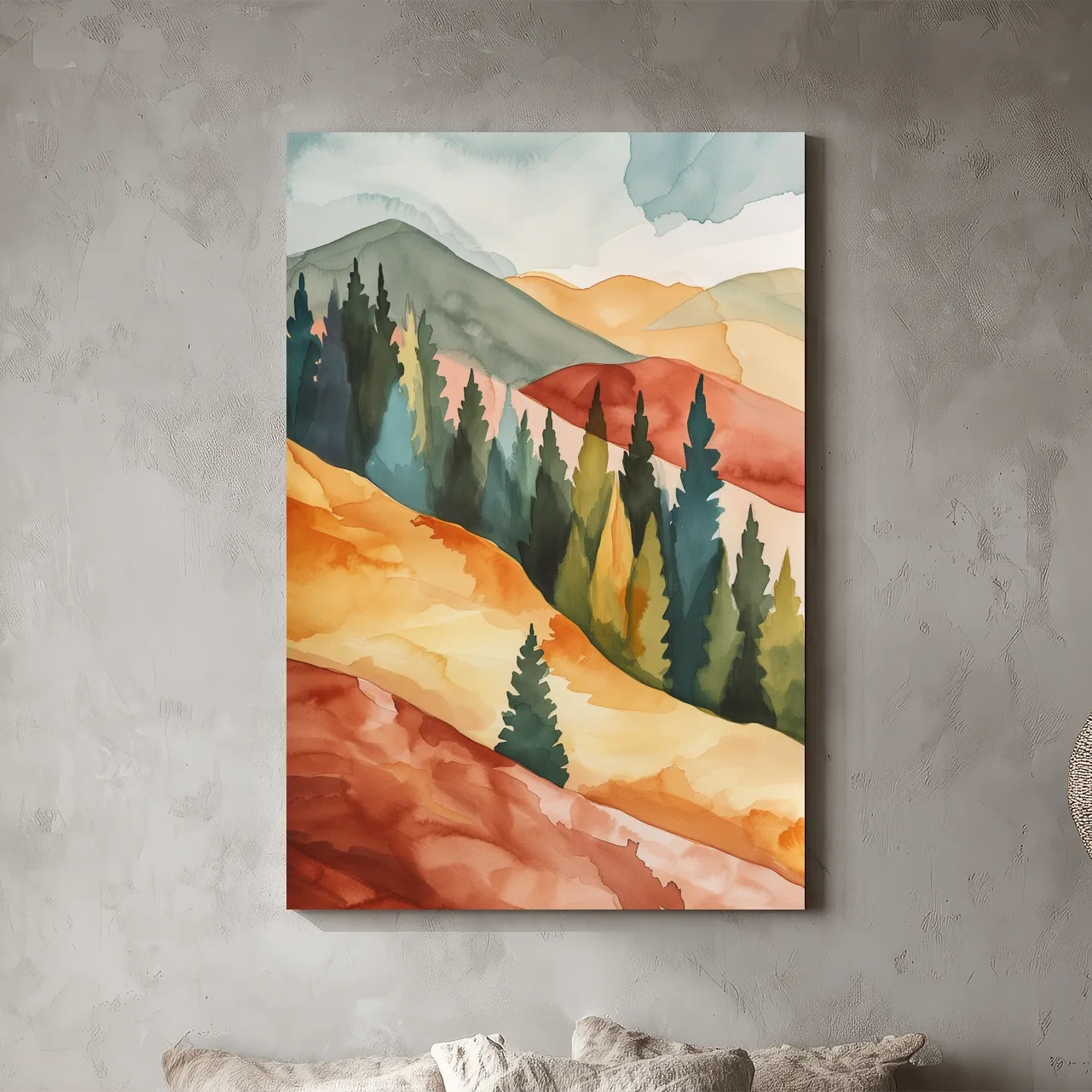 Rustic Autumn Watercolor Mountains & Pine Forest - Serene Abstract Landscape Wall Art