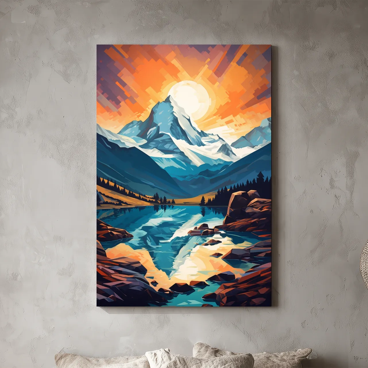 Vibrant Geometric Alpine Glacier Sunrise - Abstract Lake Landscape Wall Art