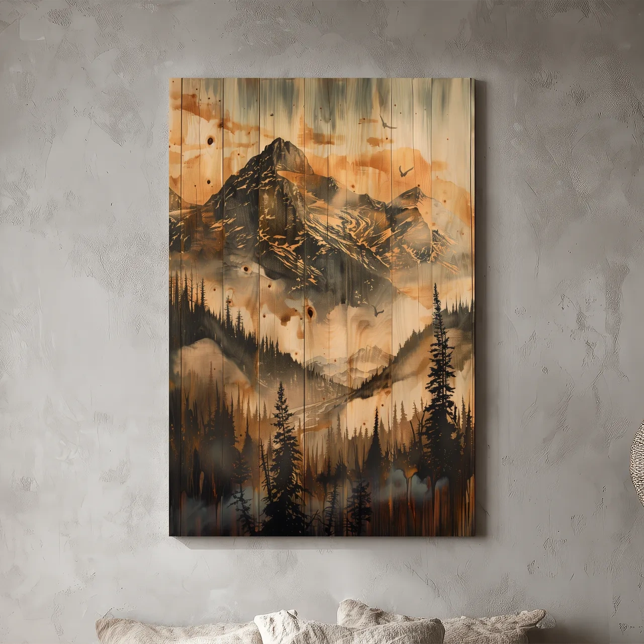 Rustic Woodgrain Mountain Landscape Painting - Sepia Misty Pine Forest Wall Art