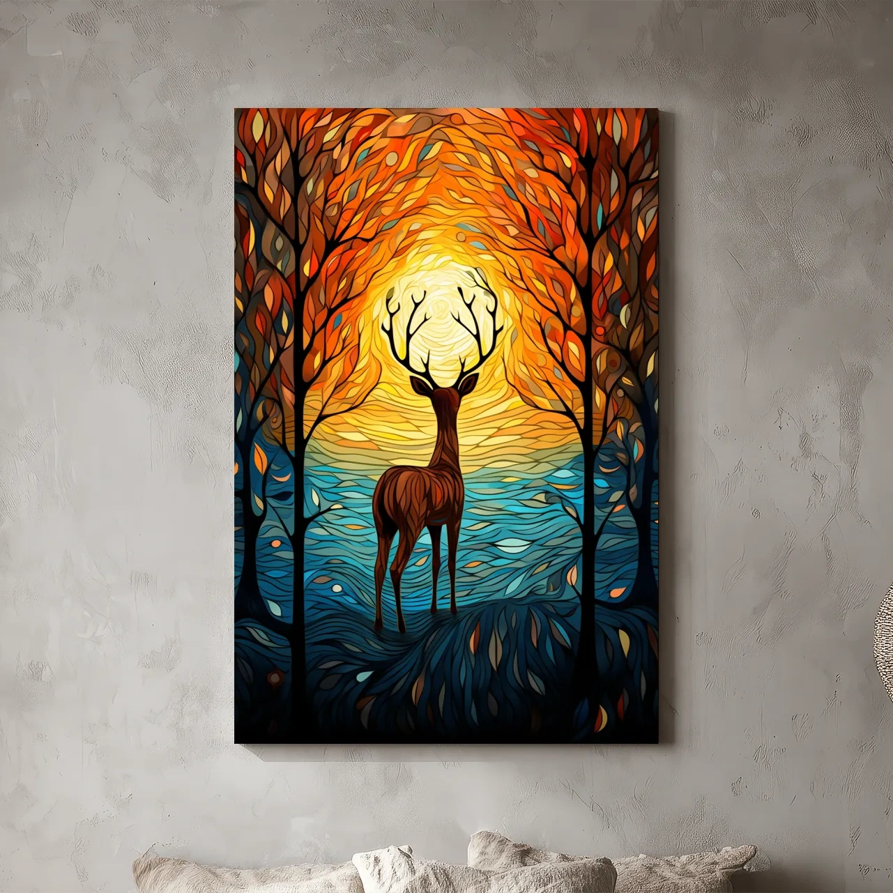 Glowing Autumn Forest Deer Silhouette - Vibrant Stained Glass Style Wall Art