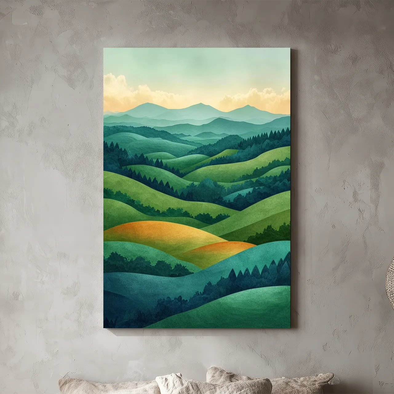 Layered Emerald Rolling Hills Landscape - Serene Scandinavian Nature Wall Art
