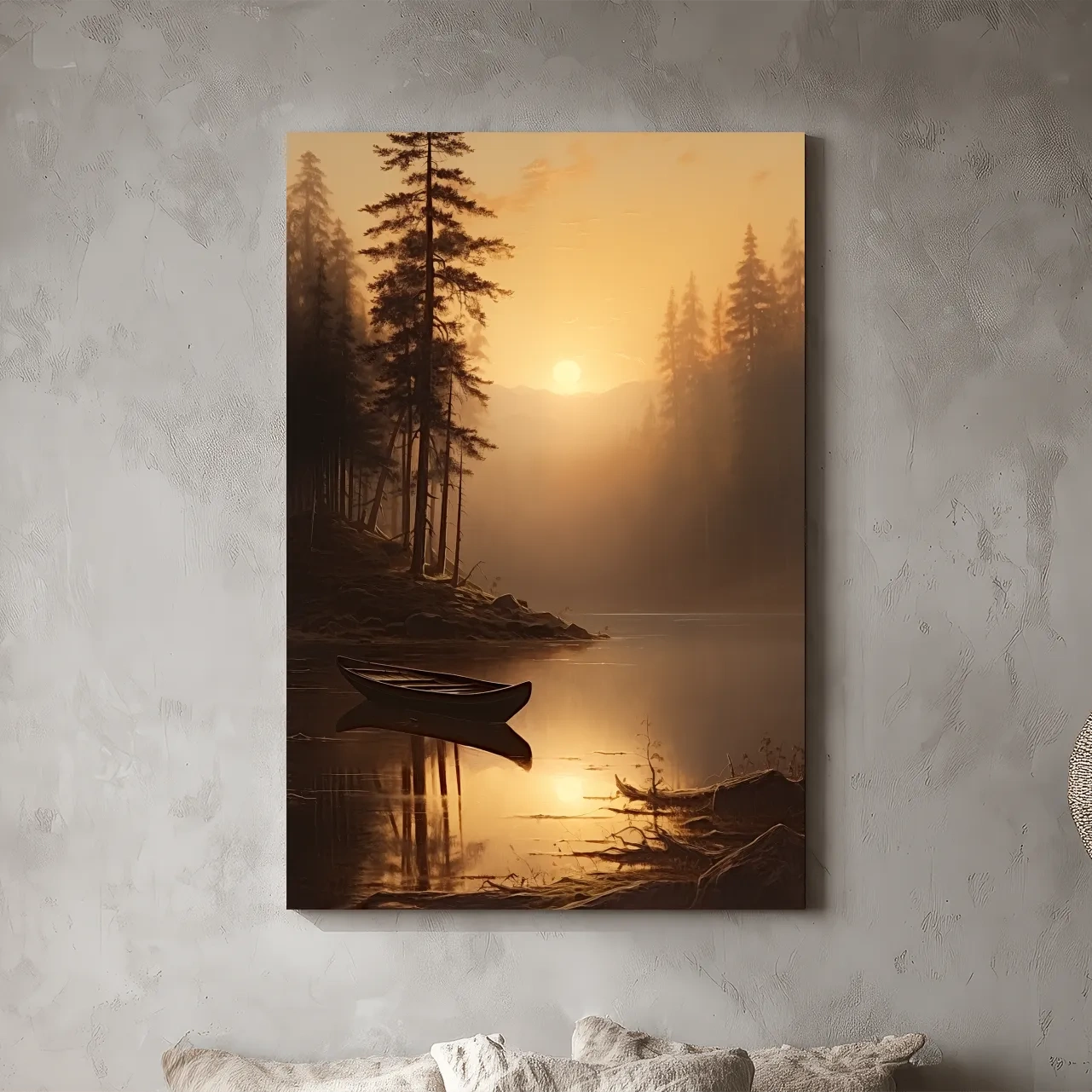 Misty Golden Lake Sunrise With Canoe - Serene Pine Forest Mountain Landscape Wall Art