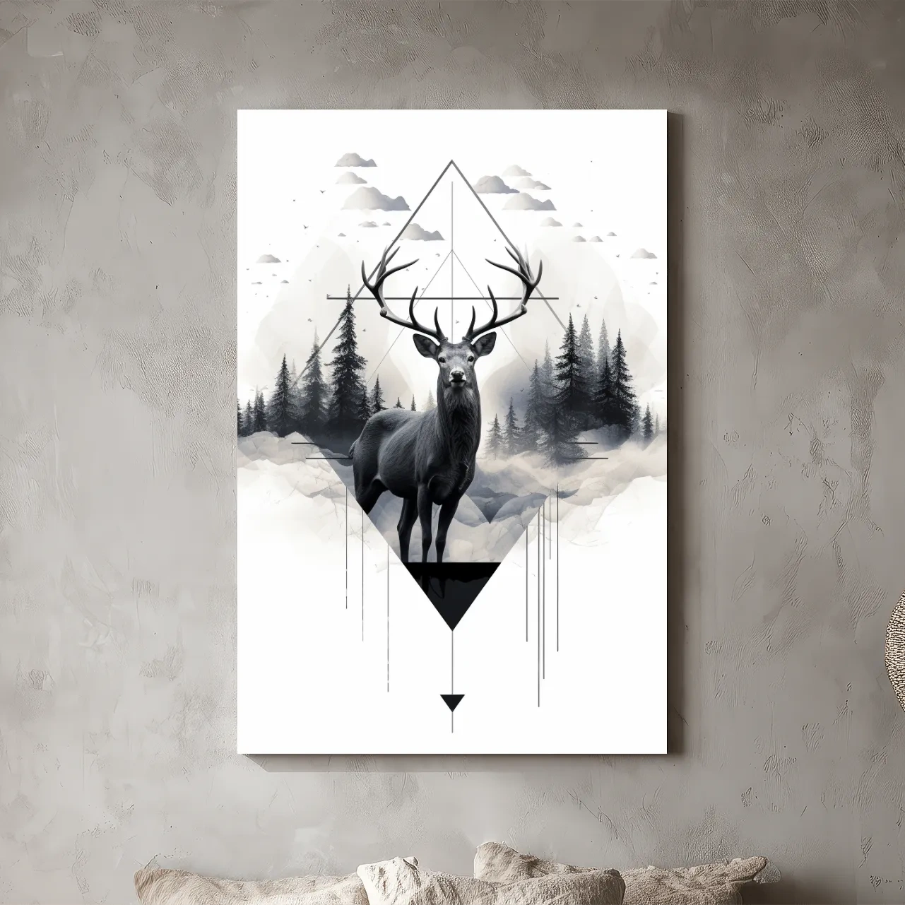 Geometric Monochrome Stag In Misty Pines - Tattoo Inspired Wildlife Wall Art