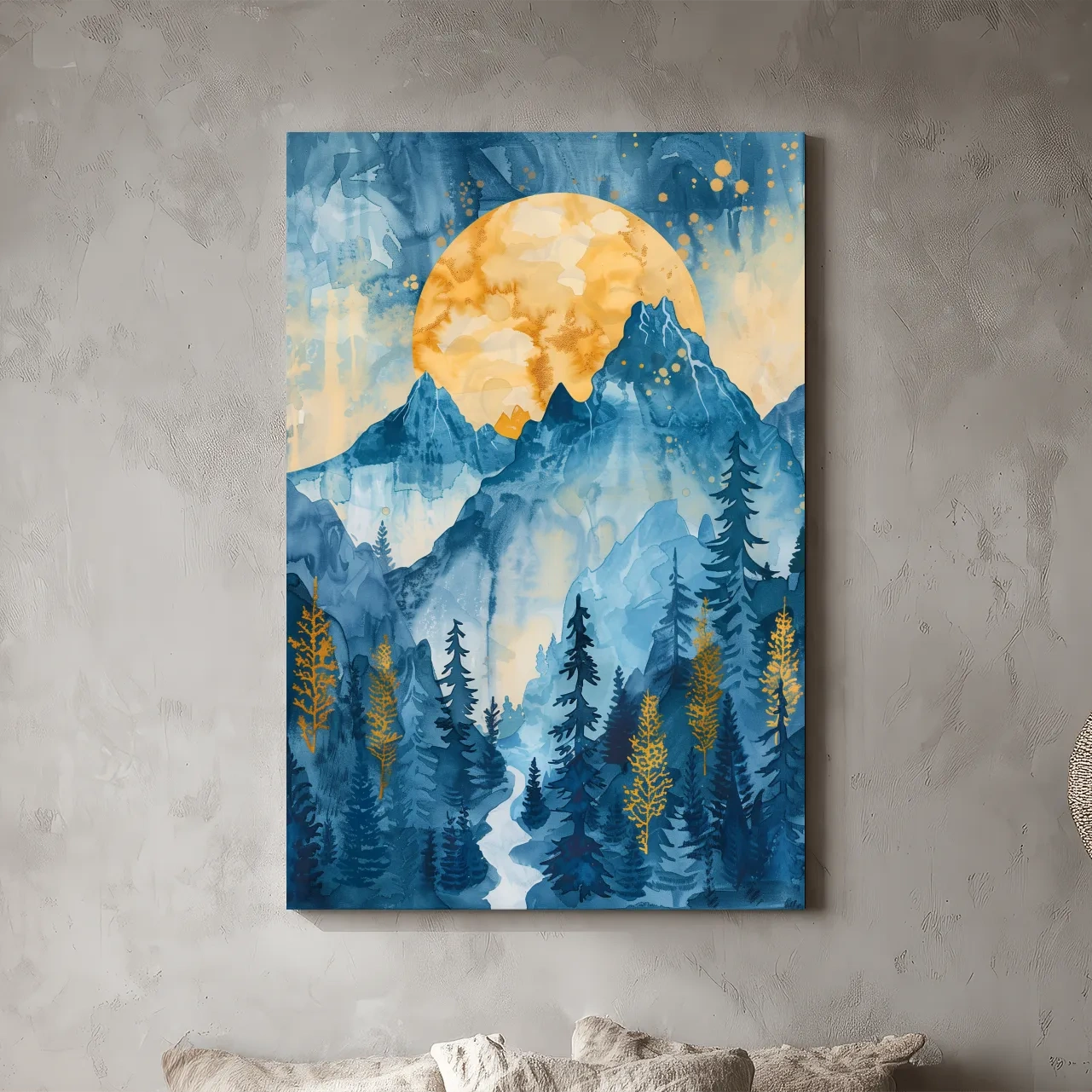 Alpine Sunset Watercolor Painting - Mountain Forest Landscape Wall Art