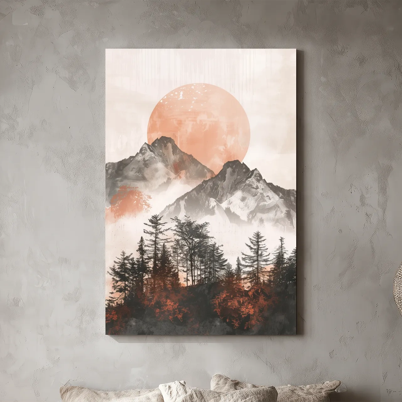 Japandi Mountain Sunrise With Pine Forest - Minimalist Watercolor Landscape Art