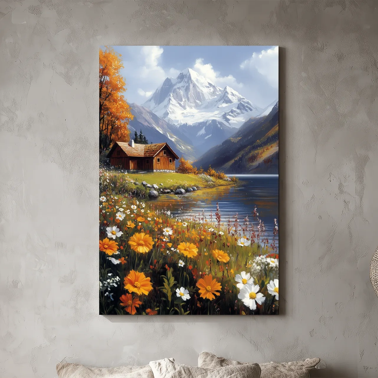 Autumn Alpine Lake Cabin Impressionist Painting - Snowcapped Mountain Wildflower Wall Art