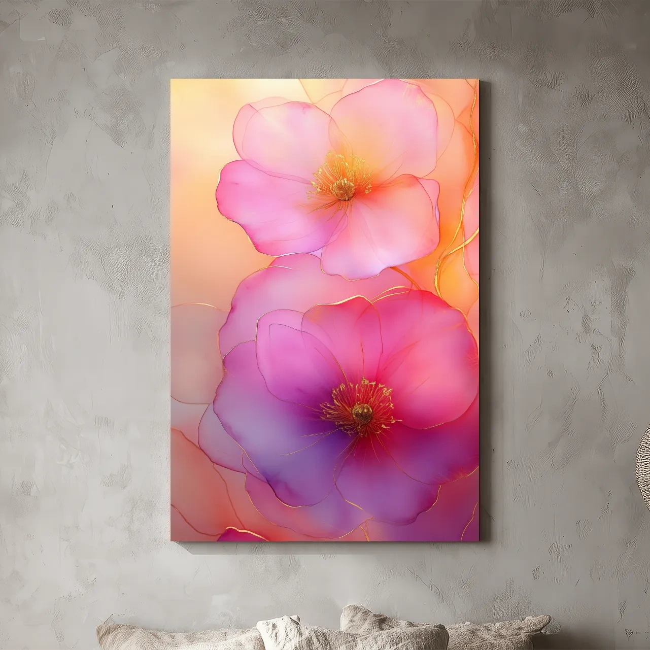 Ethereal Pink Watercolor Blossoms With Gold Accents - Floral Botanical Wall Art