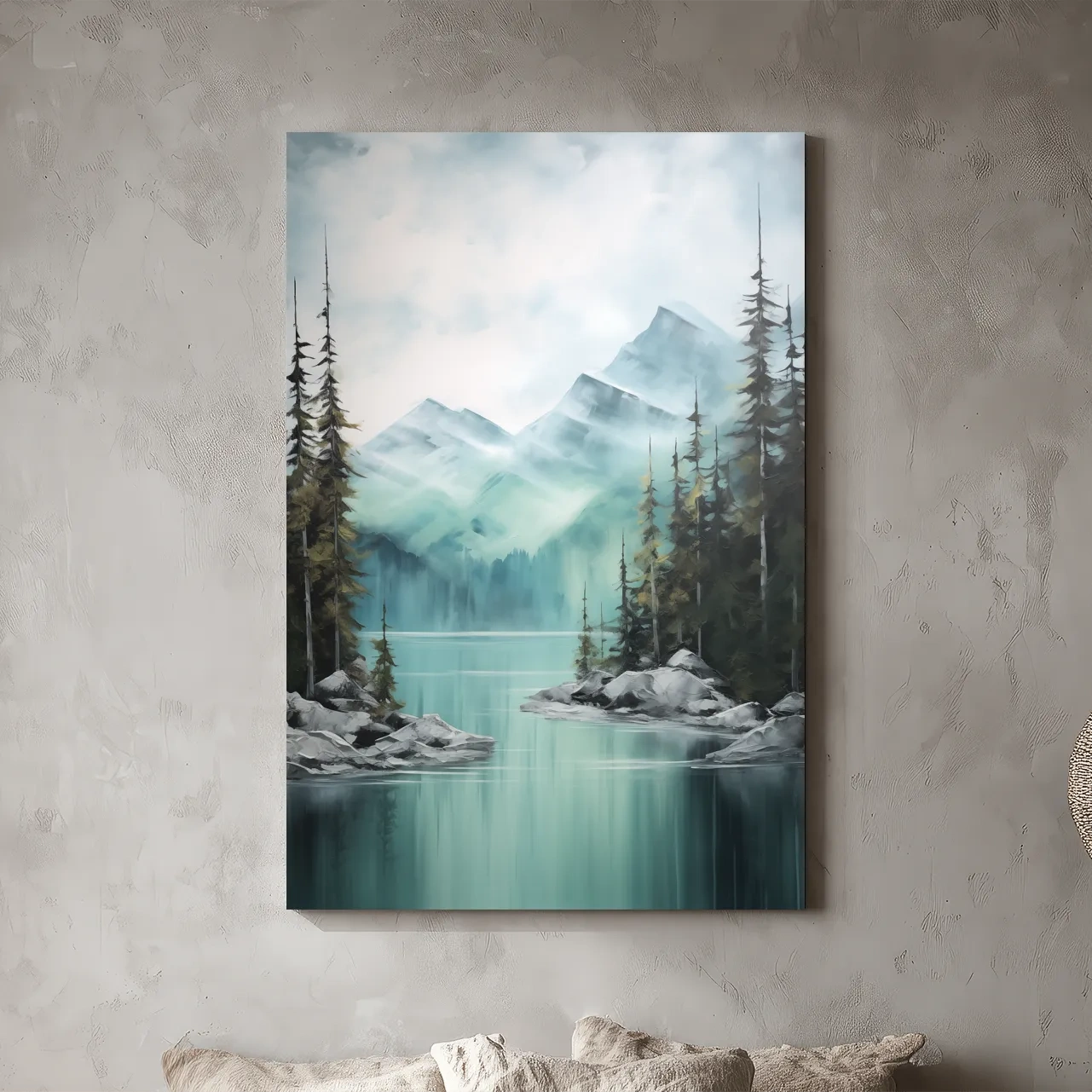 Misty Turquoise Mountain Lake Landscape - PNW Watercolor Forest Wall Art