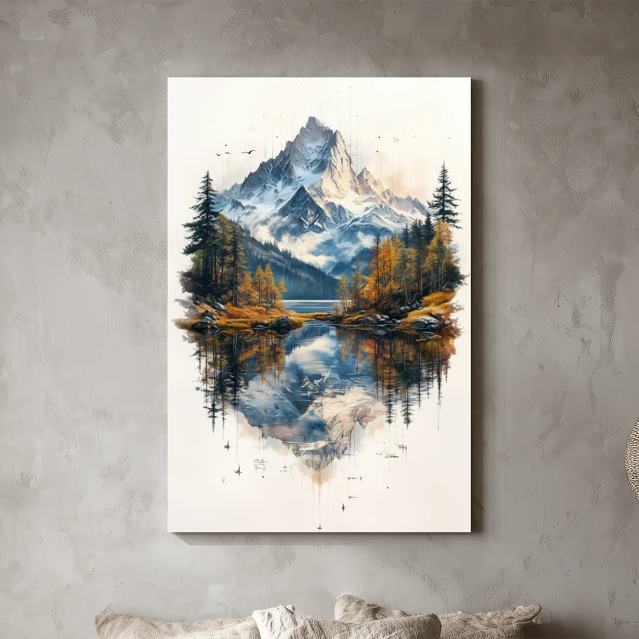 Misty Alpine Mountain Lake Painting - Autumn Pine Forest Tattoo Style Wall Art