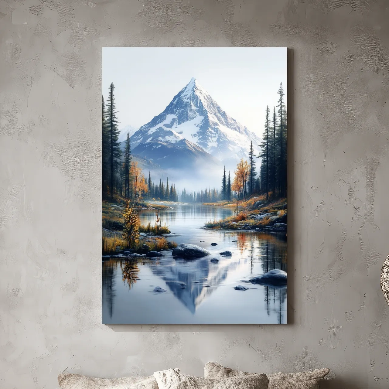 Majestic Snowcapped Mountain Lake Artwork - Serene Alpine Meadows Wall Art