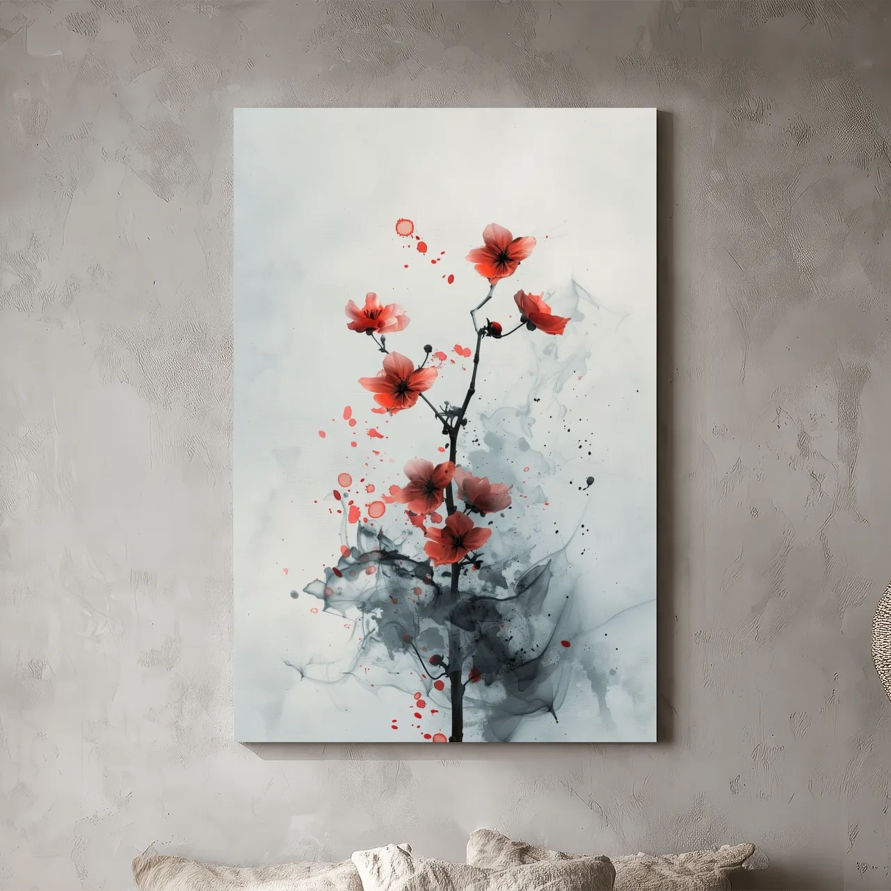 Red Cherry Blossom Ink Wash Painting - Minimalist Floral Wall Art