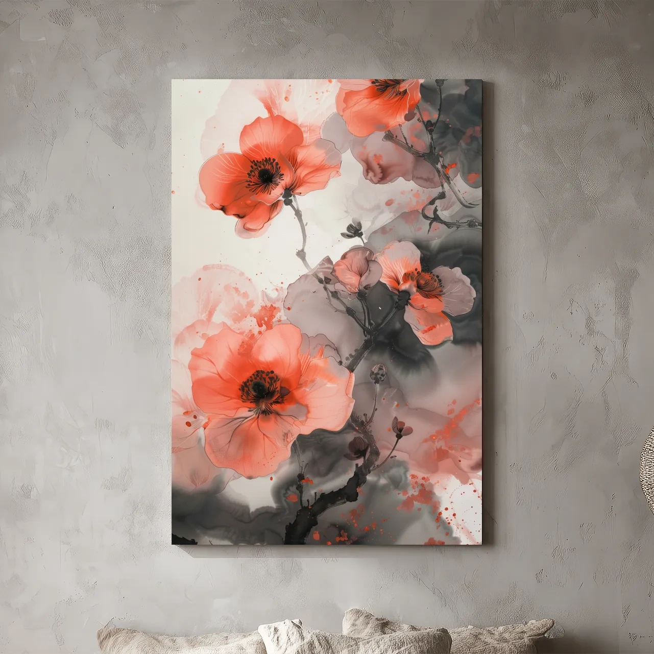 Poppy Blossom Ink Wash Painting - Floral Botanical Watercolor Artwork