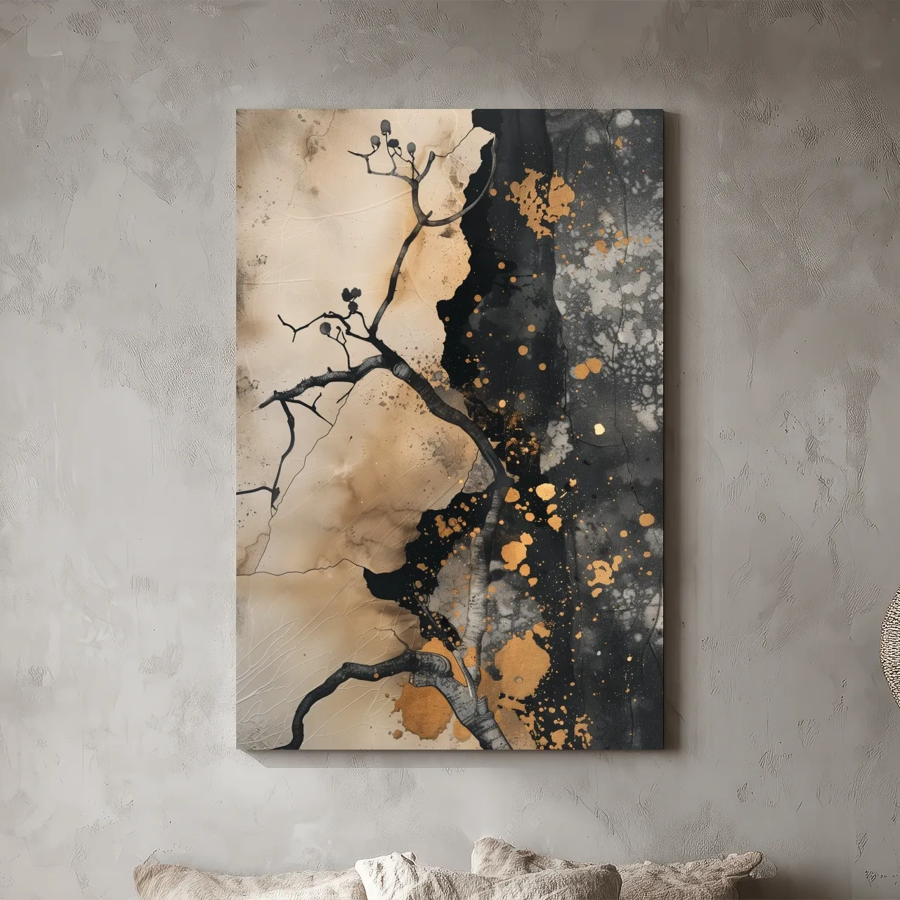 Ink Branch Silhouette With Gold Splatter - Modern Japandi Abstract Wall Art