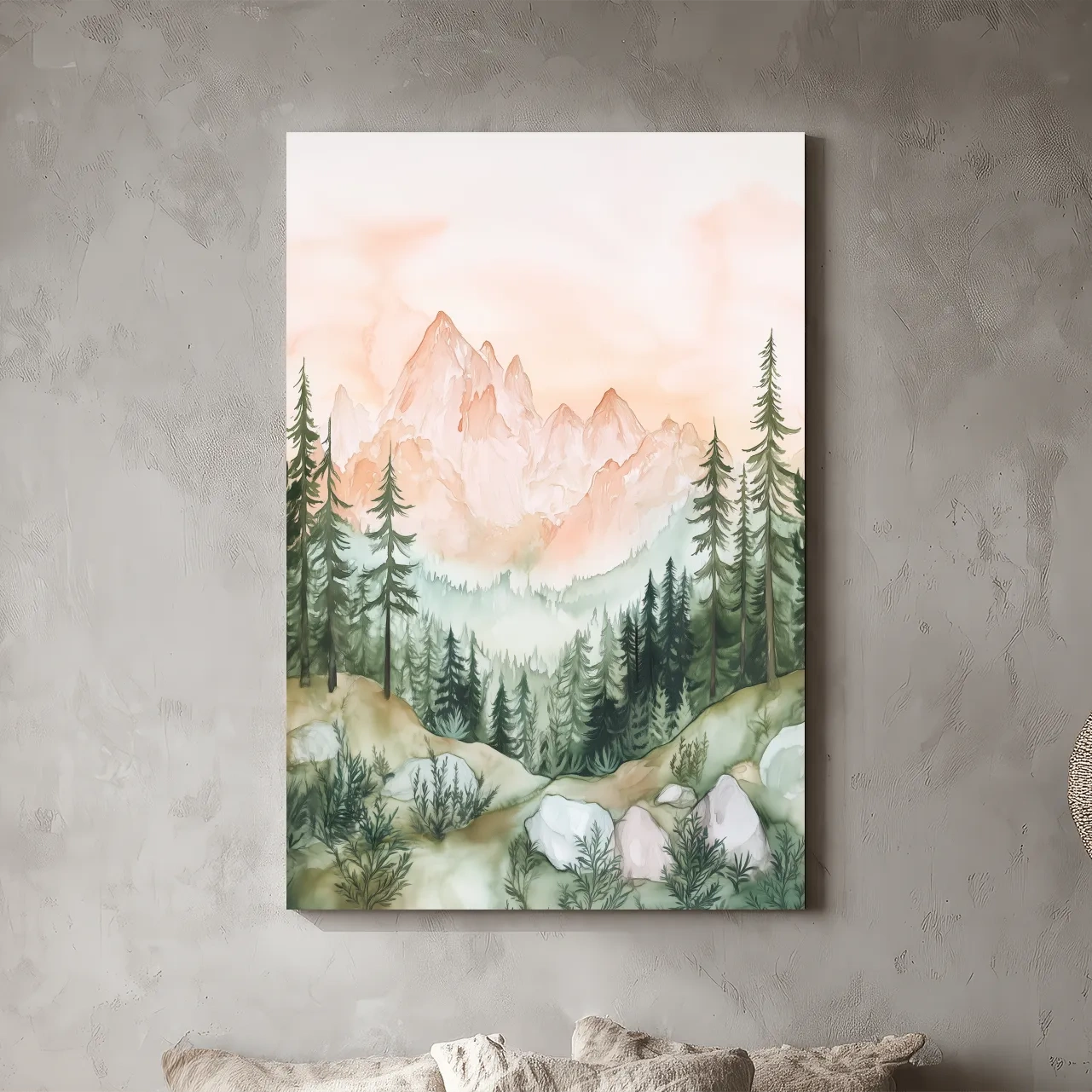 Pastel Watercolor Mountain Peaks & Pine Forest - Serene Alpine Landscape Artwork
