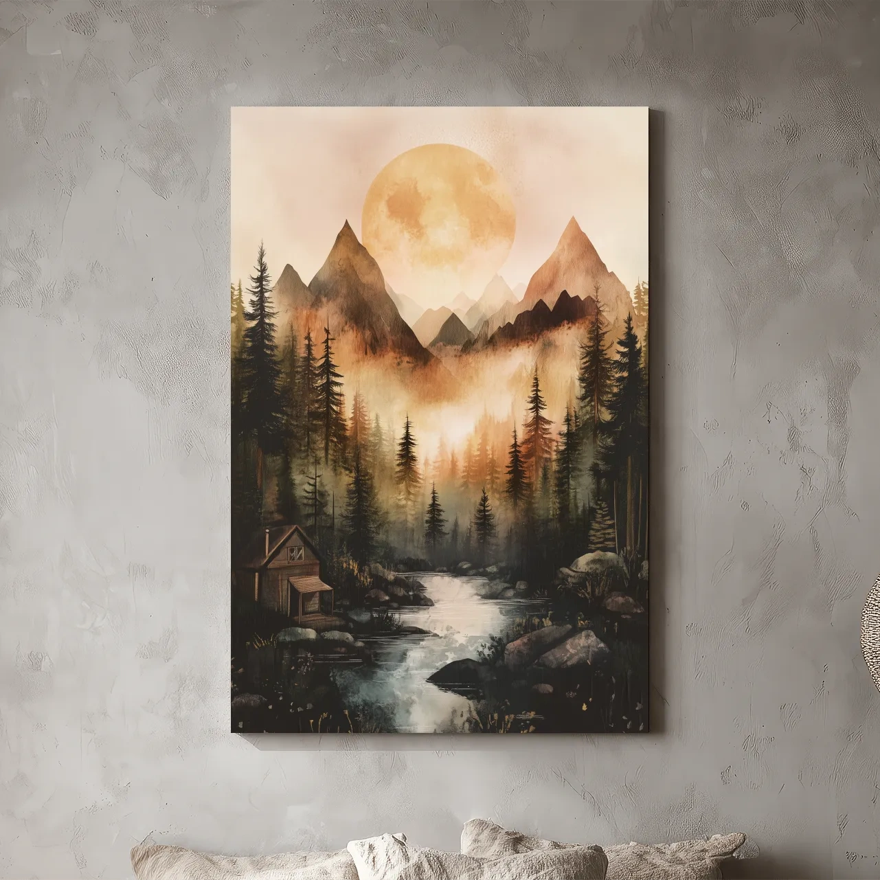 Misty Mountain River Cabin Watercolor - Rustic Forest Wall Art