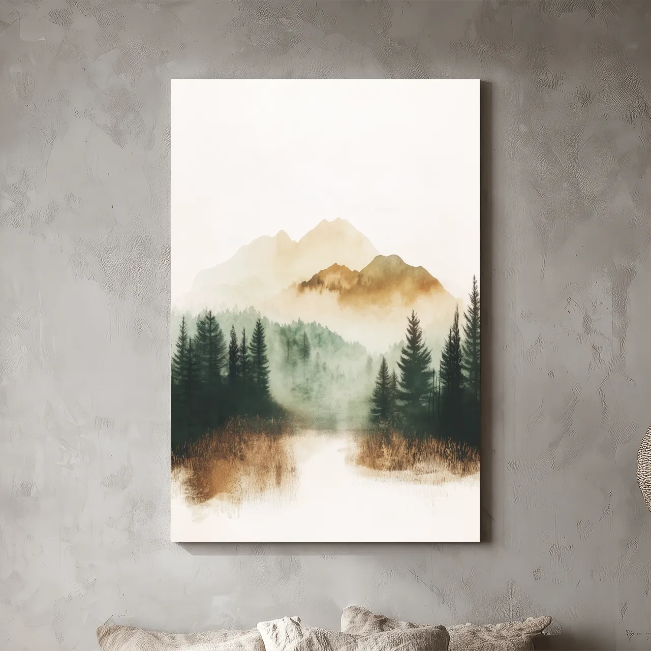 Misty Watercolor Mountain Lake & Pine Forest - Serene Nature Landscape Wall Art
