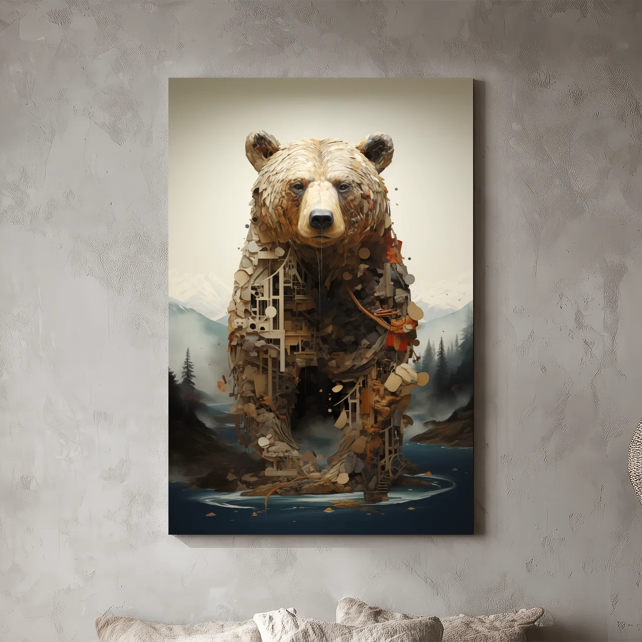 Surreal Grizzly Bear Collage Illustration - MC Escher Style Wildlife Wall Art