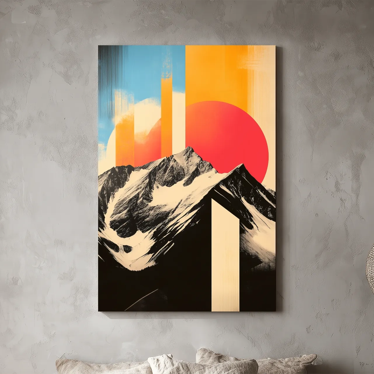 Retro Snowcapped Mountain Sunset Collage - Modern Geometric Landscape Wall Art
