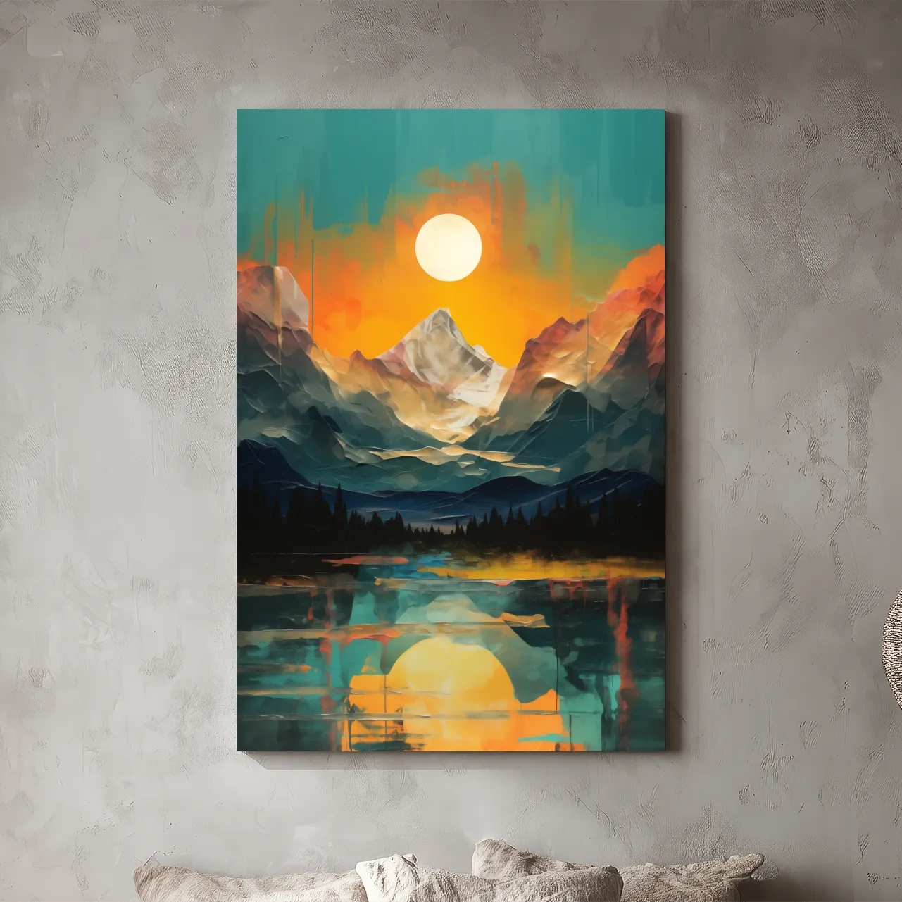 Vibrant Abstract Mountain Lake Sunset - Colorful Landscape Wall Art