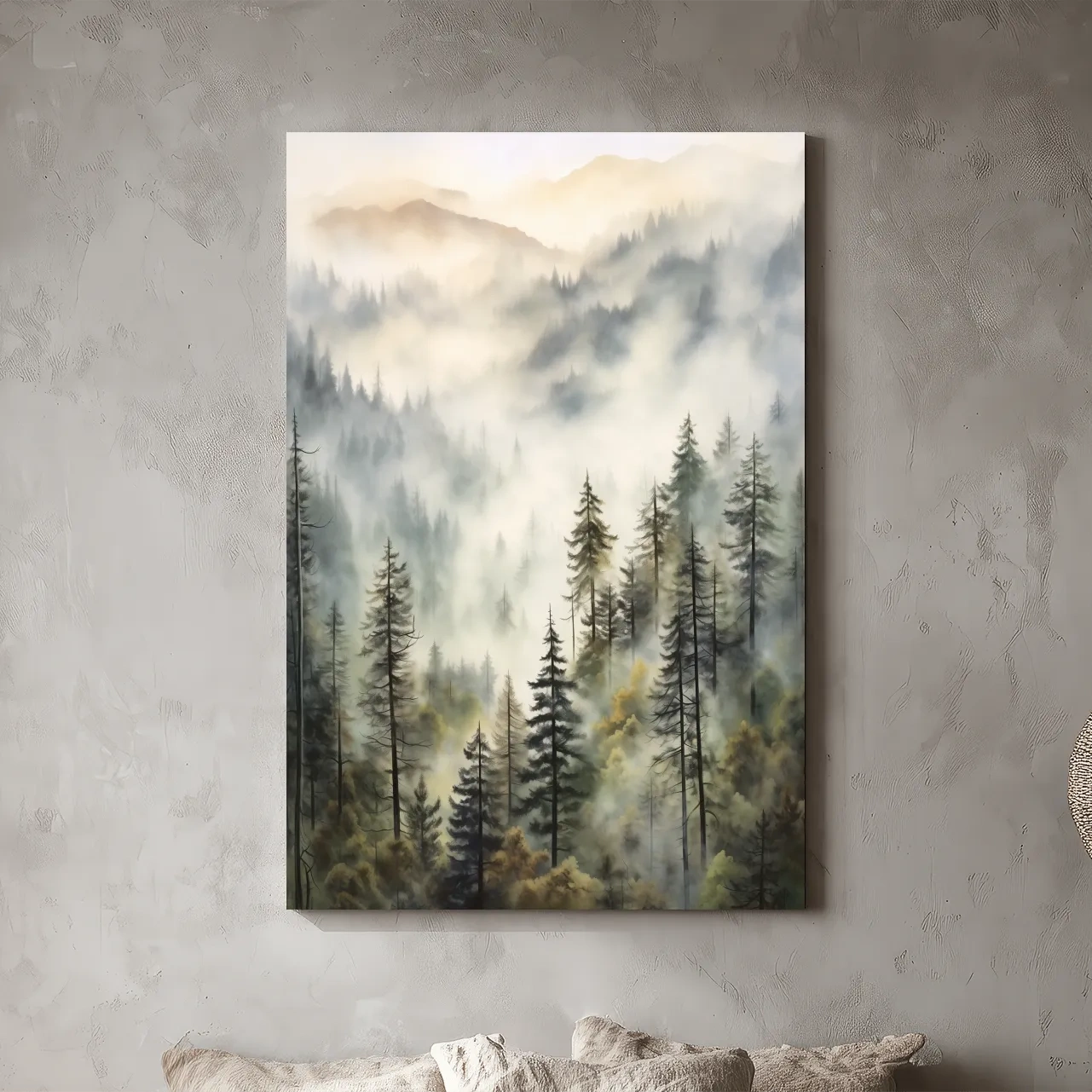 Misty Pine Forest Mountains Watercolor - Serene Foggy Landscape Wall Art
