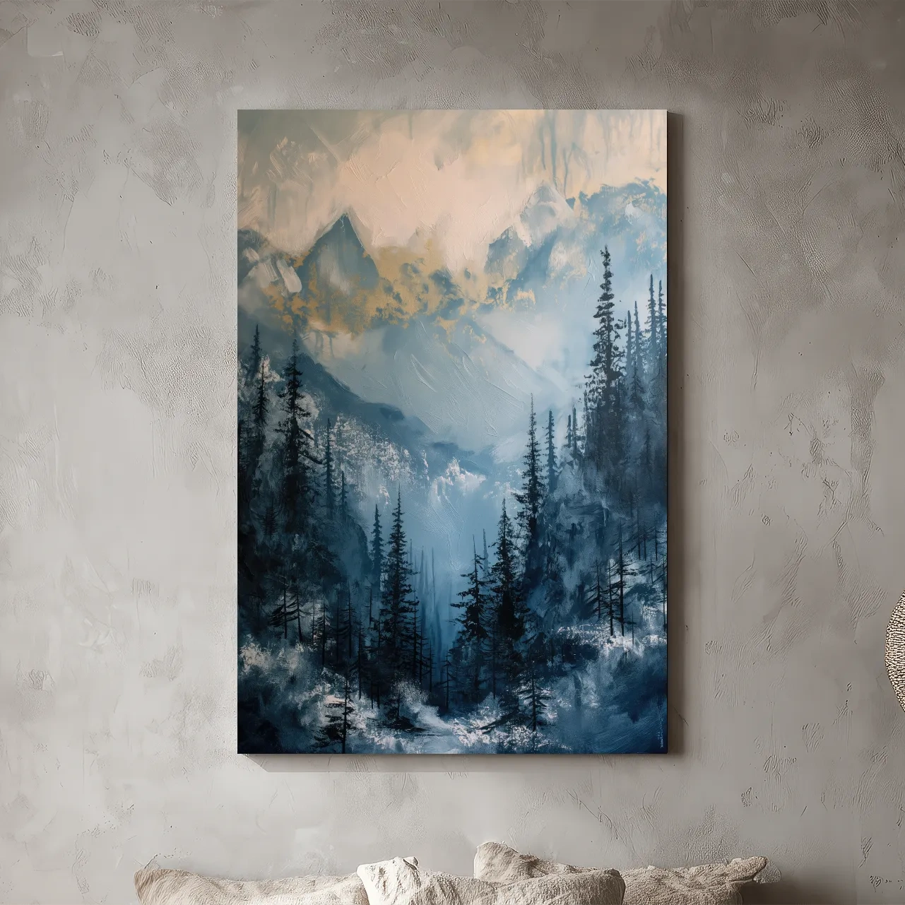 Moody Misty Blue Mountain Forest Painting - Alpine Landscape Wall Art