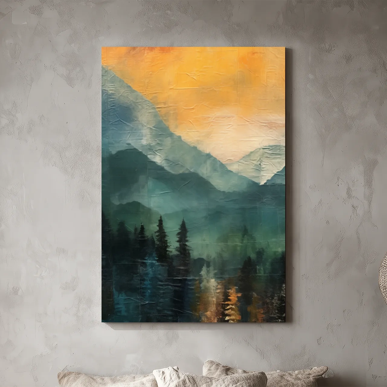 Rustic Misty Mountain Lake Reflection - Textured Watercolor Style Sunset Wall Art