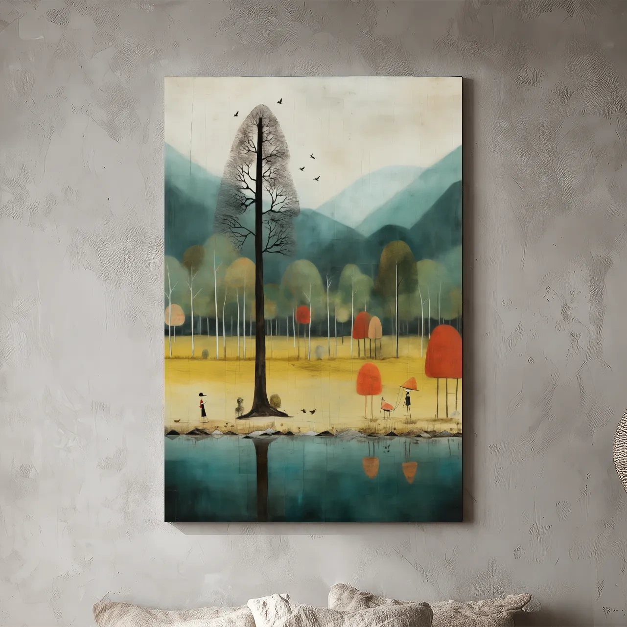 Whimsical Autumn Forest Lake Landscape - Quirky Nature Wall Art